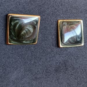 VTG Swirled Metallic Forest Olive Green Glittery Enamel Square Earrings